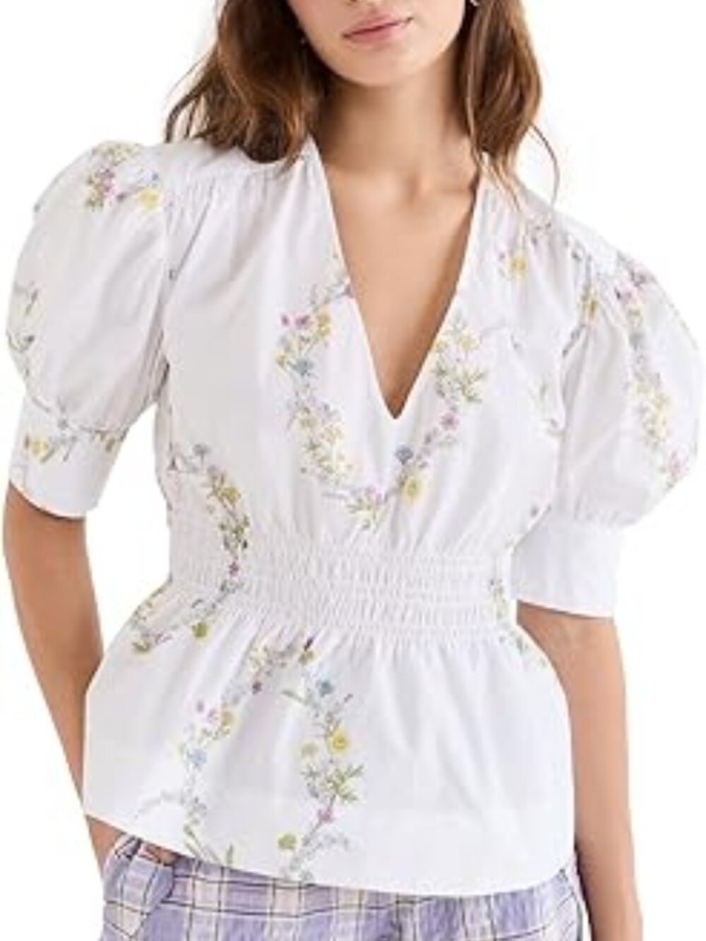 GANNI ! Organic Cotton Ruffled printed poplin puff sleeve v-neck  Blouse( EU 36)